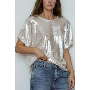 NEW SECULAR liberty crwe neck sequin shirt in pink ice